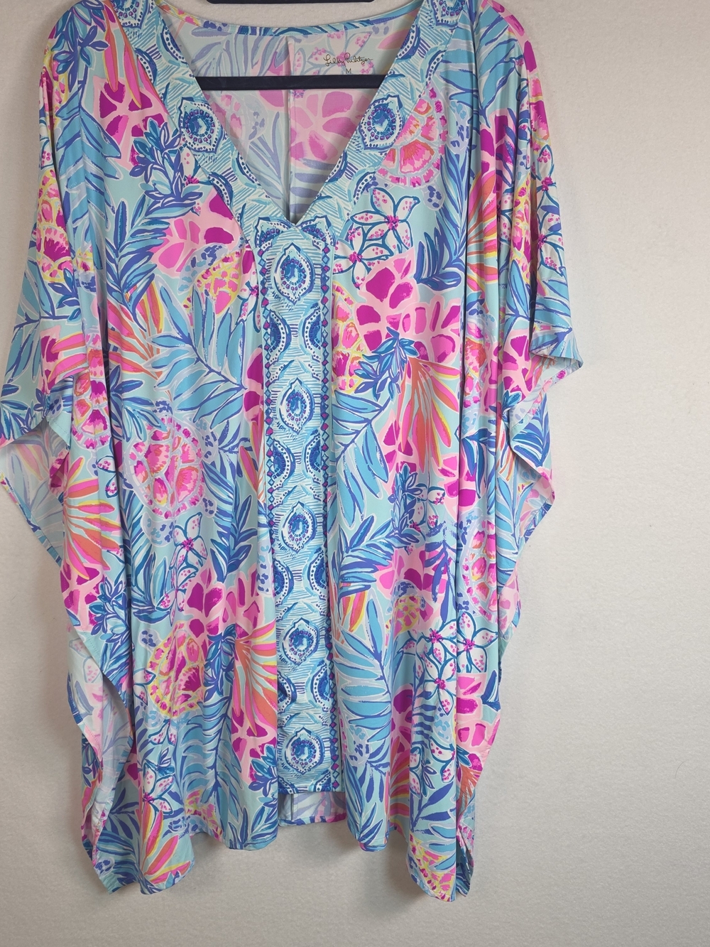 Lilly Pulitzer Skylar Swim Kaftan M Blue Pink Tropical Cover Up Tunic Dress - Picture 3 of 10